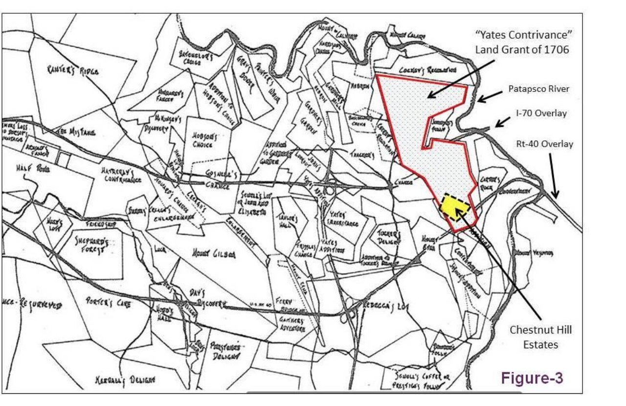 Historical map showing the Yates Contrivance land grant and the approximate location of Chestnut Hill Estates